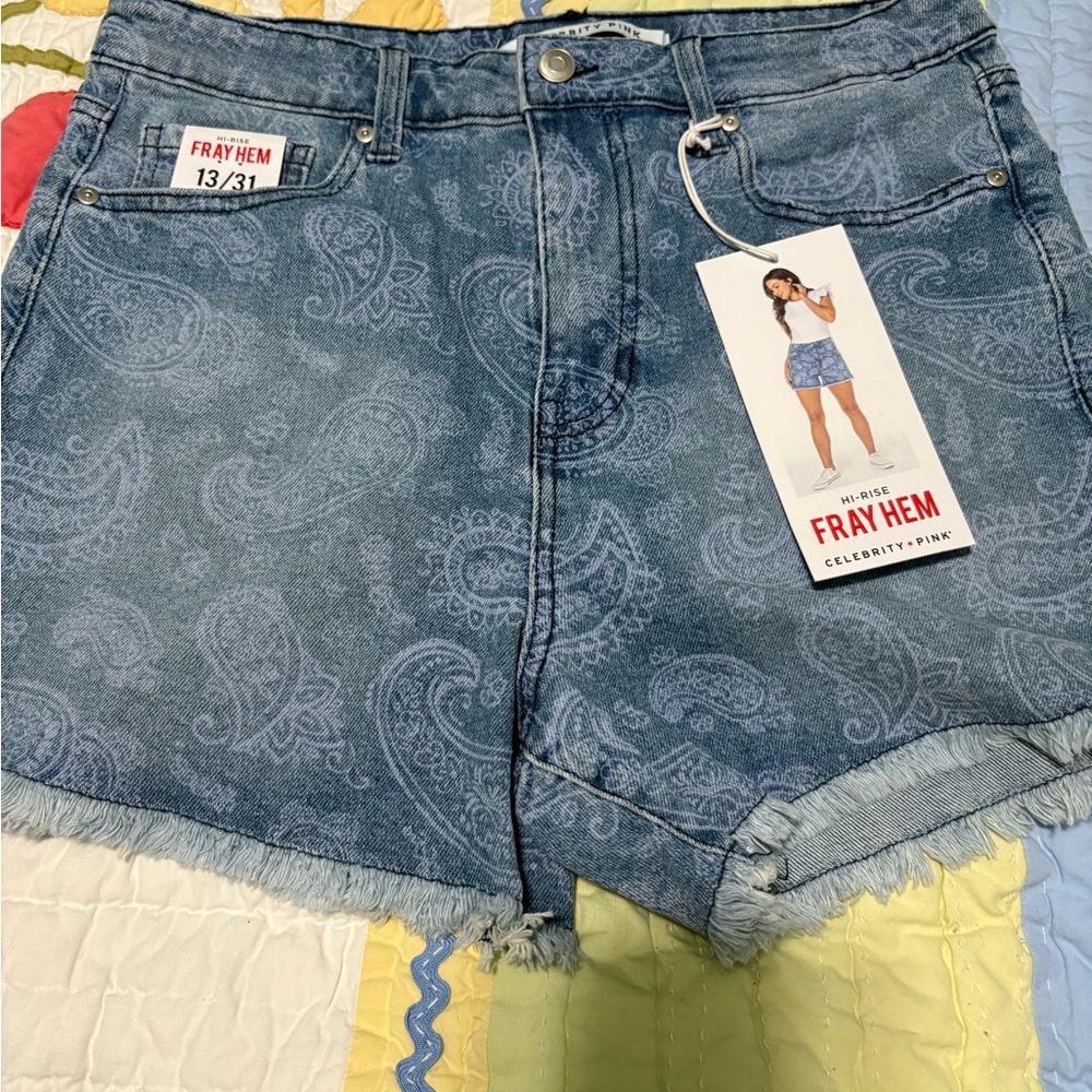 High-Rise Paisley Denim Shorts - Blue